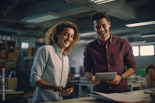 Meeting business people in the office use a tablet partners, project administrators, employees, colleagues working on the project together.