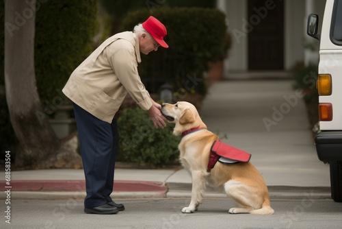 Dog greeting mailman on the street. Postman courier with animal pet friend meeting. Generate ai