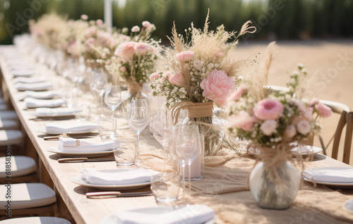 Wedding Rustic table setting with pink flowers