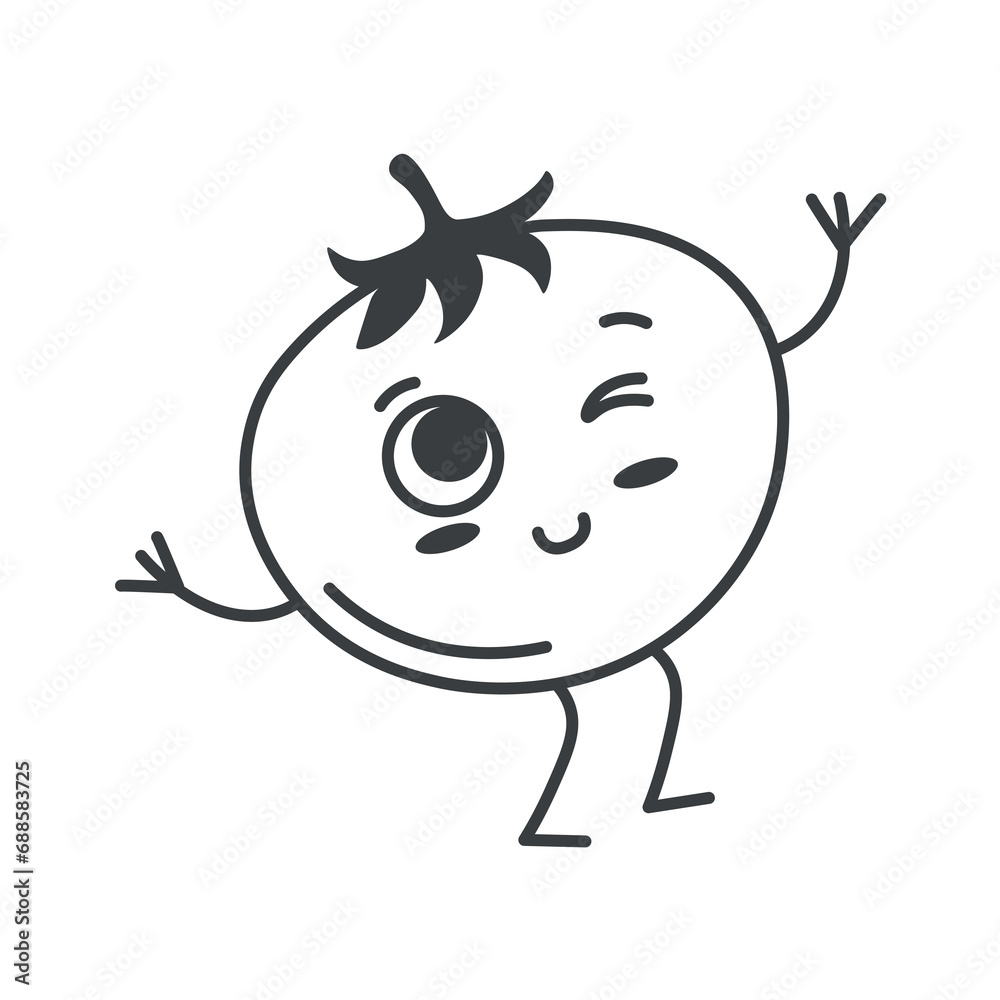 Fototapeta premium Kitchen element of black line set. It is a charming black outline illustration with a kitchen theme, starring an adorable tomato character. Vector illustration.