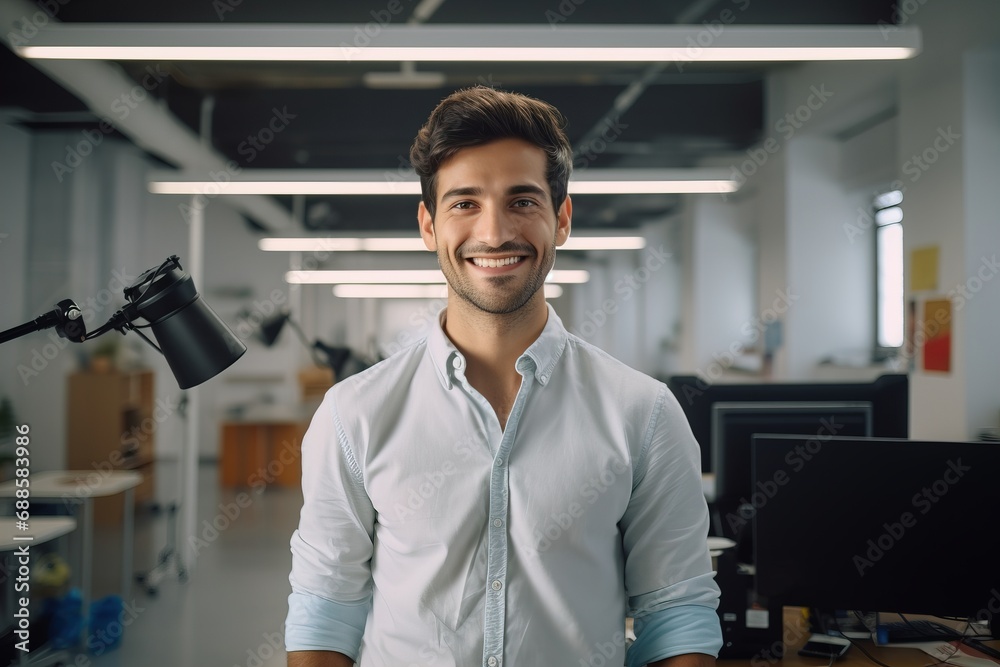 Naklejka premium A man in the office uses a tablet computer, the manager of the assistant sales department in the company smiles.