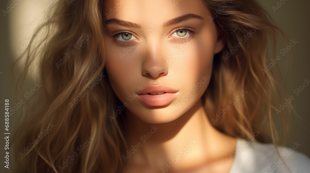 AI generated illustration of a portrait of a beautiful woman in sunlight - obrazy, fototapety, plakaty 