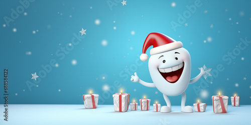 Christmas dental banner with happy tooth and place for text over pastel blue background . Generative AI. photo