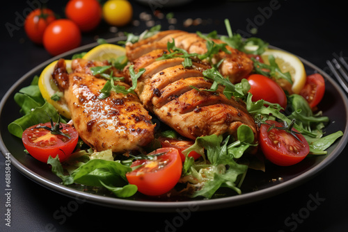 Chicken with tomatoes and fresh salad concept of health. Generative AI