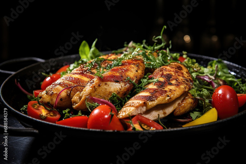 Chicken with tomatoes and fresh salad concept of health. Generative AI