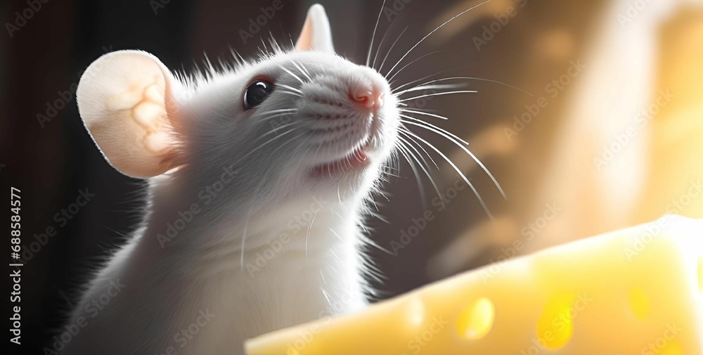 AI generated illustration of an adorable rat with one ear poking out of its head in front of cheese - obrazy, fototapety, plakaty 