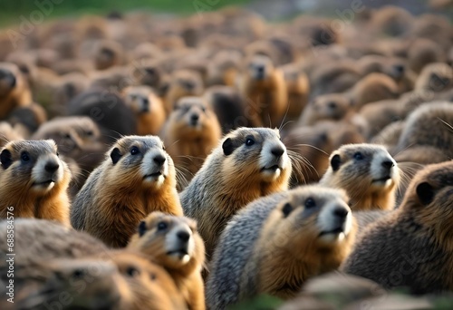 AI illustration of multiple ground squirrels standing in a line looking up toward the sky.