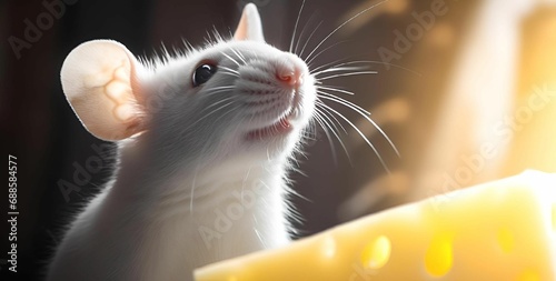 AI generated illustration of an adorable rat with one ear poking out of its head in front of cheese