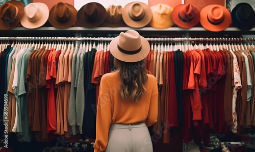 AI generated illustration of a female standing in front of a display of various hats photo