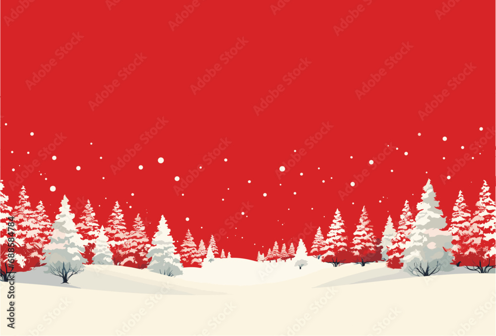 Festive winter scene featuring snow-covered evergreen trees against a vibrant red sky Festive winter scene featuring snow-covered evergreen trees against a vibrant red sky