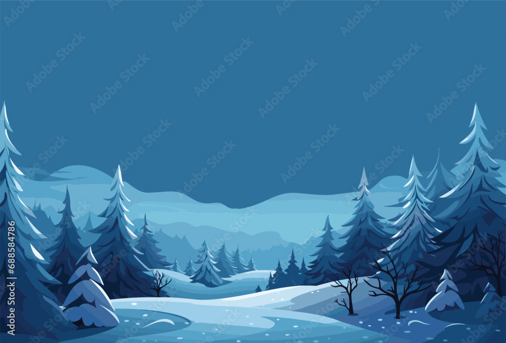 Digital illustration of a peaceful winter scene with lush evergreen trees