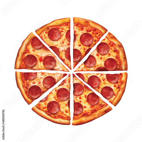 Digital illustration of a pizza with pepperoni cut into eight pieces