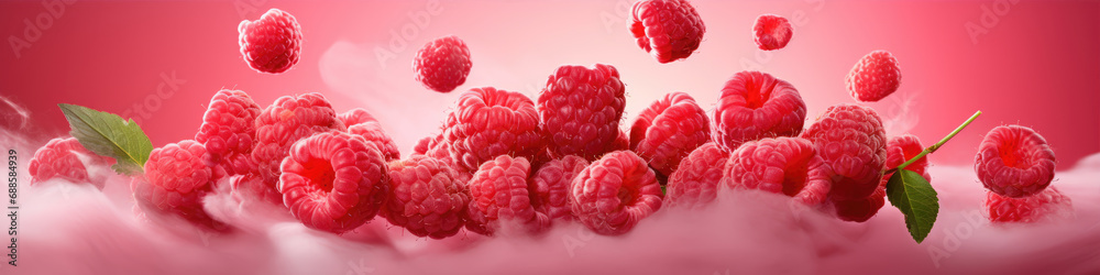 Fresh raspberries flying in the air with splashes in red pink color background. Raspberry concept. Fresh raspberries flying in the air with splashes in red pink color background. Raspberry concept.