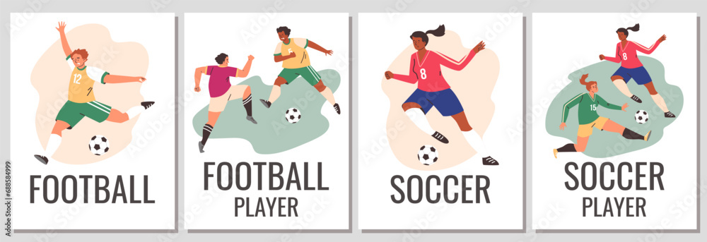 Soccer and football players posters set, flat vector illustration.