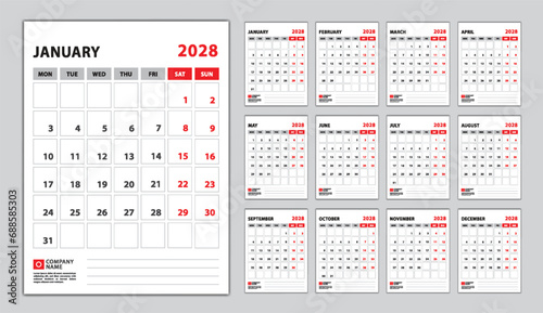 Calendar 2028 week start monday, wall calendar 2028 year, desk calendar 2028 design vector set 12 months, Poster, planner, advertisement, printing media, corporate design template vector.
