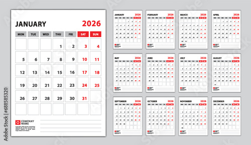 Calendar 2026 week start monday, wall calendar 2026 year, desk calendar 2026 design vector set 12 months, Poster, planner, advertisement, printing media, corporate design template vector.