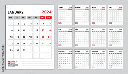 Calendar 2024 week start monday, wall calendar 2024 year, desk calendar 2024 design vector set 12 months, Poster, planner, advertisement, printing media, corporate design template vector.