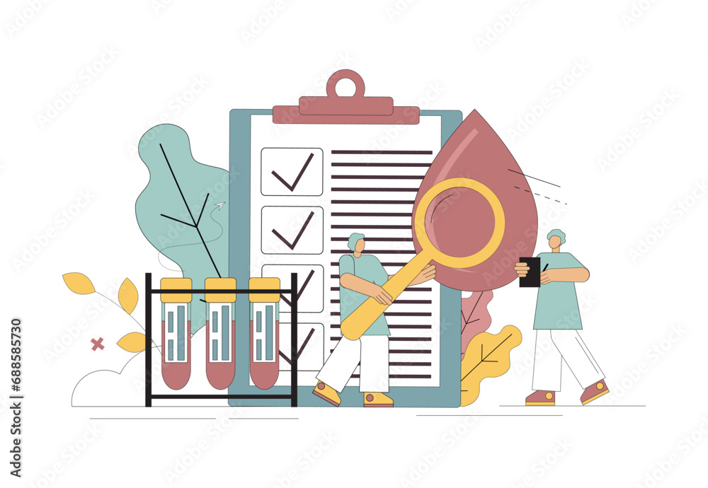 Fototapeta premium Blood concept. The doctors people are studying and examining the blood. Identification of diseases. Blood analysis. Donation.