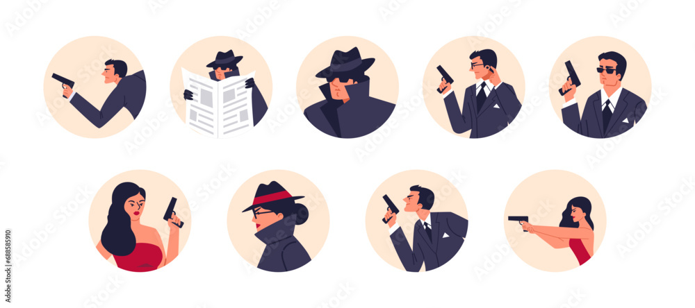 Fototapeta premium Set of spies, haunts, security, eavesdrops pursuit missions, vector special secret agents men, women armed with pistol