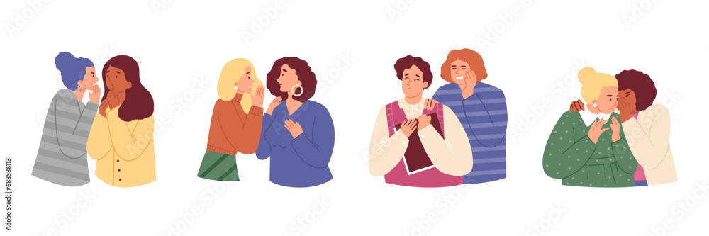 Set of diverse people whispering in ear and spreading rumors, flat vector illustration isolated on white background. Set of diverse people whispering in ear and spreading rumors, flat vector illustration isolated on white background.