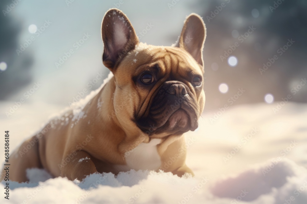 Fawn purebred French bulldog snowfall. Lovable pug muzzle in cold snowy weather. Generate ai