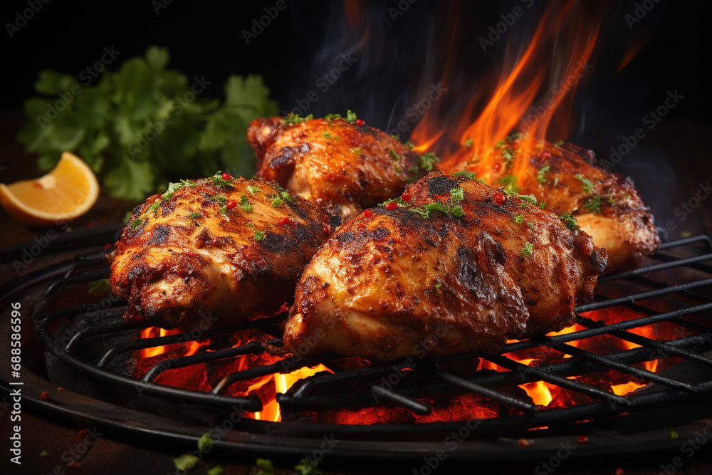 Seasoned juicy chicken drumsticks grilled on barbecue. Generative AI Seasoned juicy chicken drumsticks grilled on barbecue. Generative AI