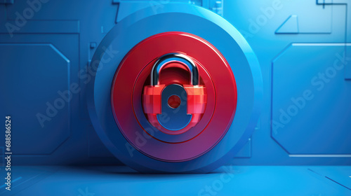 3D illustration of a red lock on a blue tech background.
