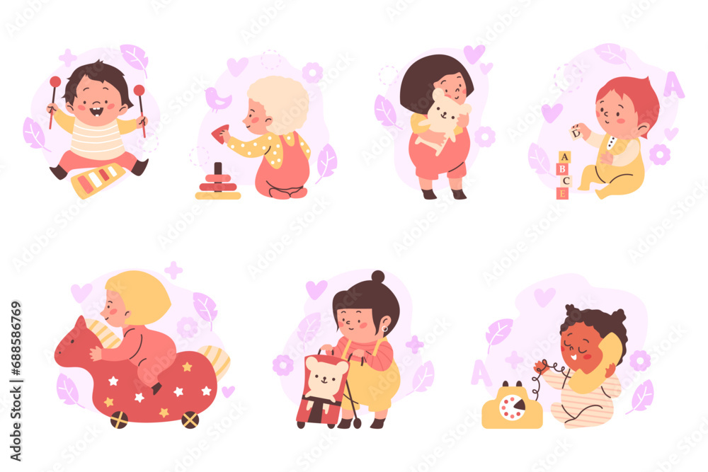 Babies set play toys and educational games flat vector illustration isolated. Babies set play toys and educational games flat vector illustration isolated.