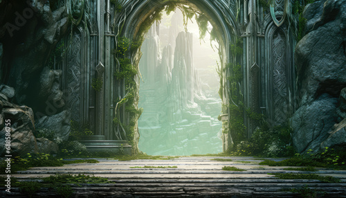 a stone archway in the middle of a dark forest