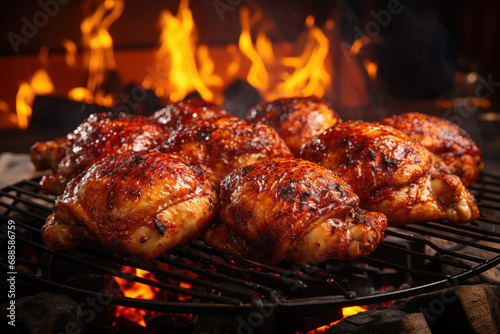 Seasoned juicy chicken drumsticks grilled on barbecue. Generative AI