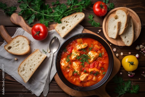 Top view of fish stew tomato bowl. Gastronomy delight red sauce with dried bread. Generate ai photo