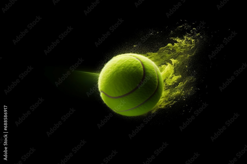 Flying tennis ball. Fast playing tennis game ball on dark background. Generate ai