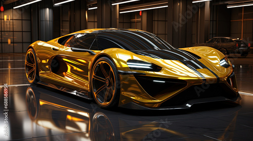 A Futuristic Super Luxury Yellow Car in Modern Workshop on Blurry Background © AI Lounge