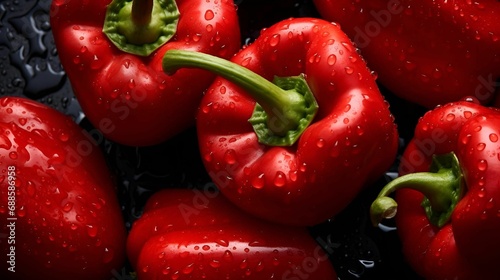 AI-generated illustration of red bell peppers with water droplets glistening on them