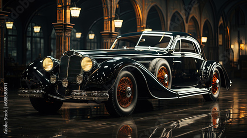 Old Fashioned Retro Luxury Car Sits in Big Room on Blurry Background © AI Lounge