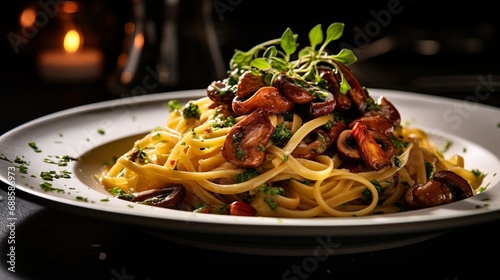 Italian pasta with mushrooms, tomatoes decorated with parsley basil. Serving fancy vegetarian food in a restaurant.
