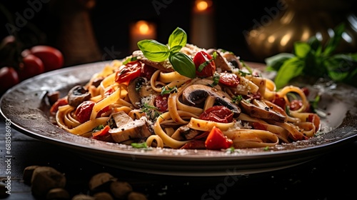Pasta with mushrooms, tomatoes decorated with parsley basil. Serving fancy Italian cuisine food in a restaurant.