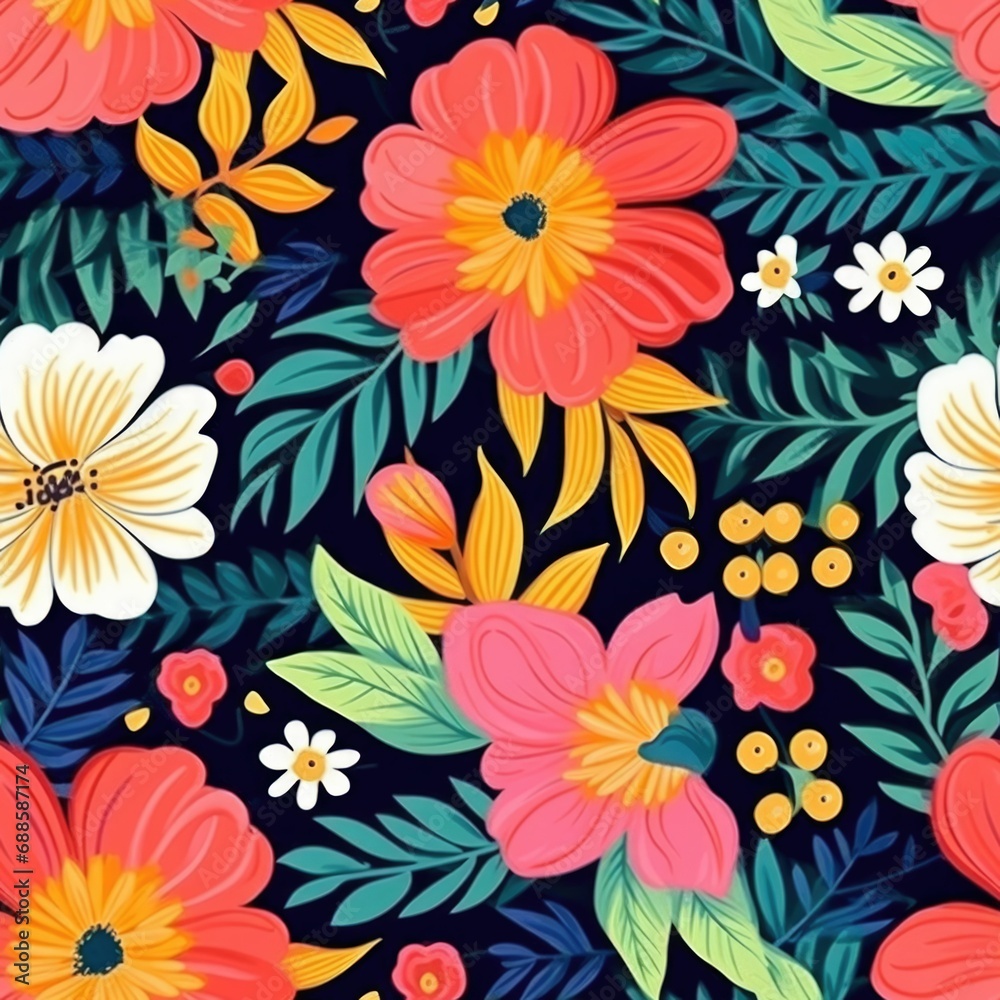 AI generated illustration of a vibrant floral and foliage design with bright colors AI generated illustration of a vibrant floral and foliage design with bright colors