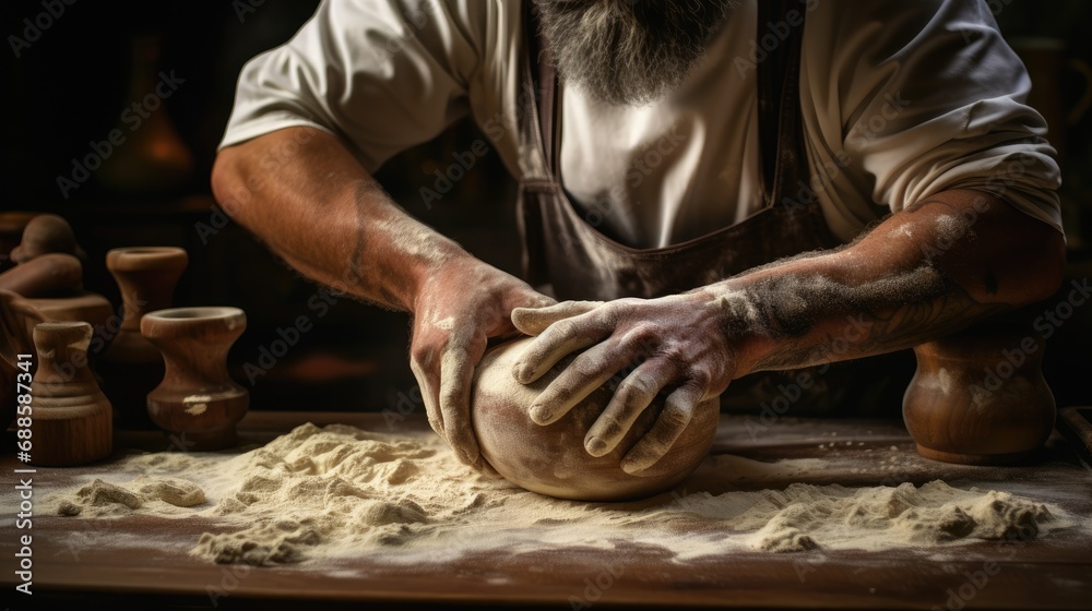 Man kneading dough on a wooden table