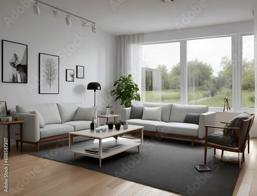 Scandinavian home interior design of modern living room with Rustic sofa, pillows. Generative ai © Abul