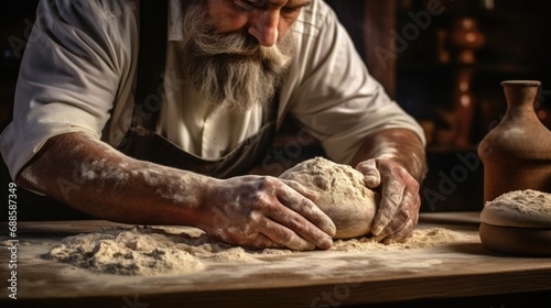 Man kneading dough on a wooden table