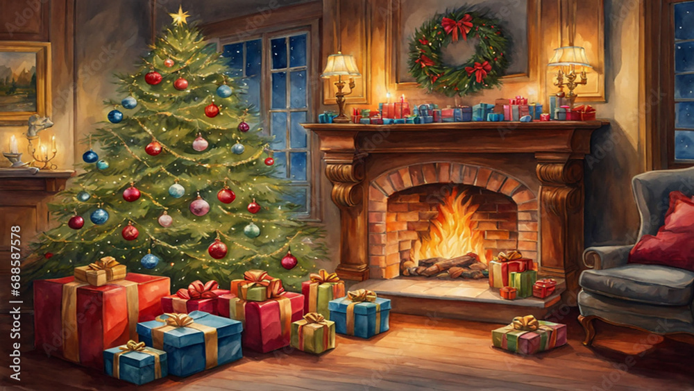 Fototapeta premium Beautiful Christmas tree with gifts, by the fireplace. Generative AI, Generative, AI