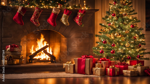 Beautiful Christmas tree with gifts, by the fireplace. Generative AI, Generative, AI © Evgenii