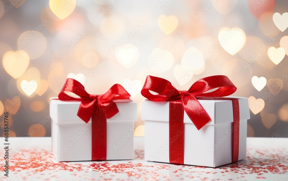 Valentine's Day background concept. White gift boxes with red ribbon bow tag over blurred heart shape bokeh background with lights.