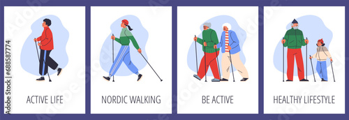 Nordic walking and healthy lifestyle promotion posters set, flat vector illustration.