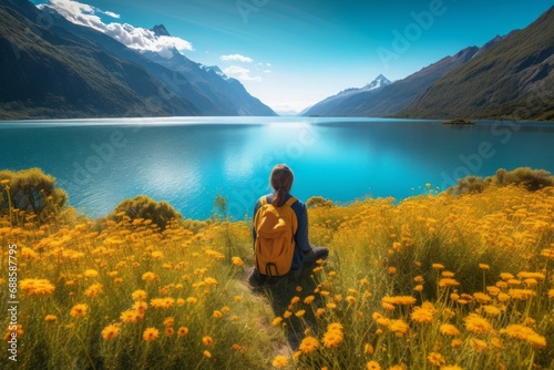 Girl sitting on mountain lake. Tourist lady on scenic alps nature panorama. Generate ai