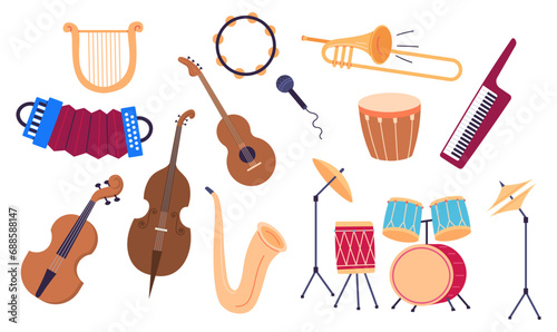 Musical instruments vector illustration. Instruments play in unison, crafting melodic symphony rhythmic beauty Dive into musical instruments concept, where classical and world music converge