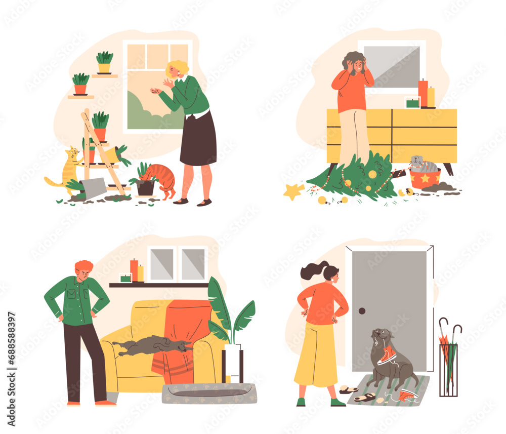 Set of scenes with pets making mess, flat vector illustration isolated on white background. Set of scenes with pets making mess, flat vector illustration isolated on white background.
