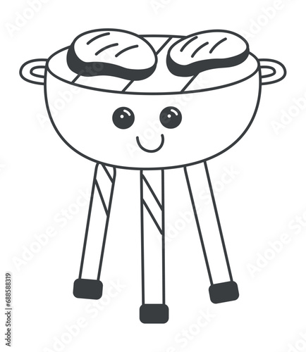 BBQ element of black line set. With a black outline, the BBQ picnic tableau showcases the indispensable grill, ready to carve up the mouthwatering dishes. Vector illustration.