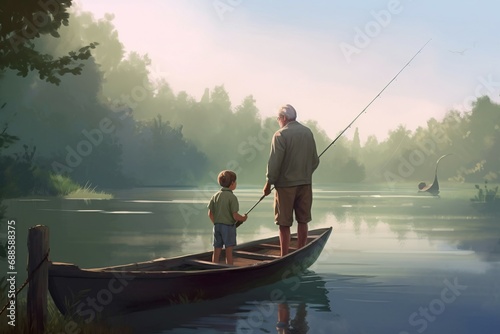 Grandfather and grandson fishing. Senior man with child catching fish leisure time. Generate ai photo
